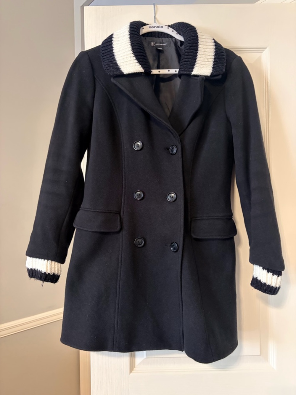 INC International Concepts Black Double-Breasted Pea Coat with White-Trim Collar